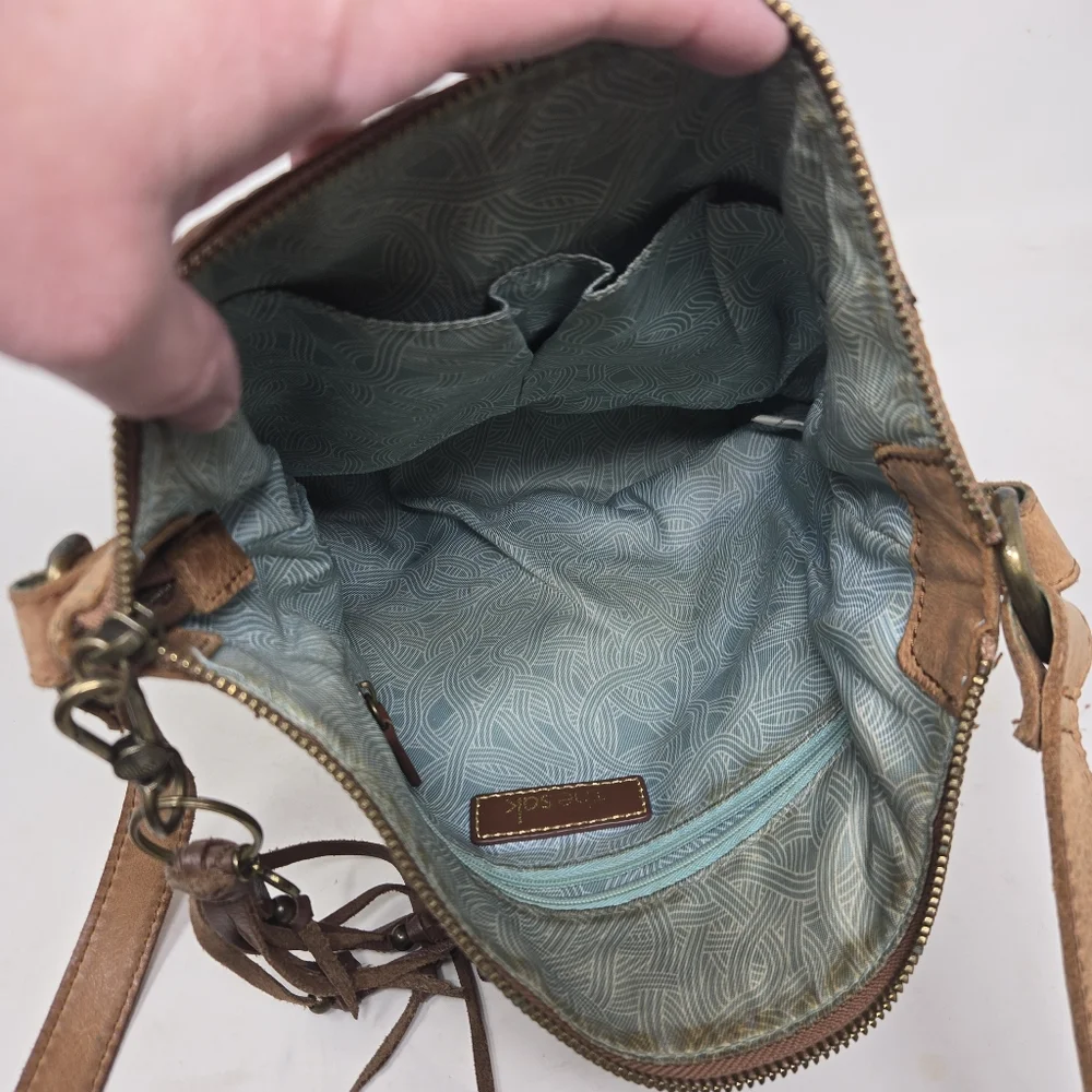 THE SAK Women's Ashland Leather Crossbody Bag Purse Tobacco Floral Emboss Boho‎